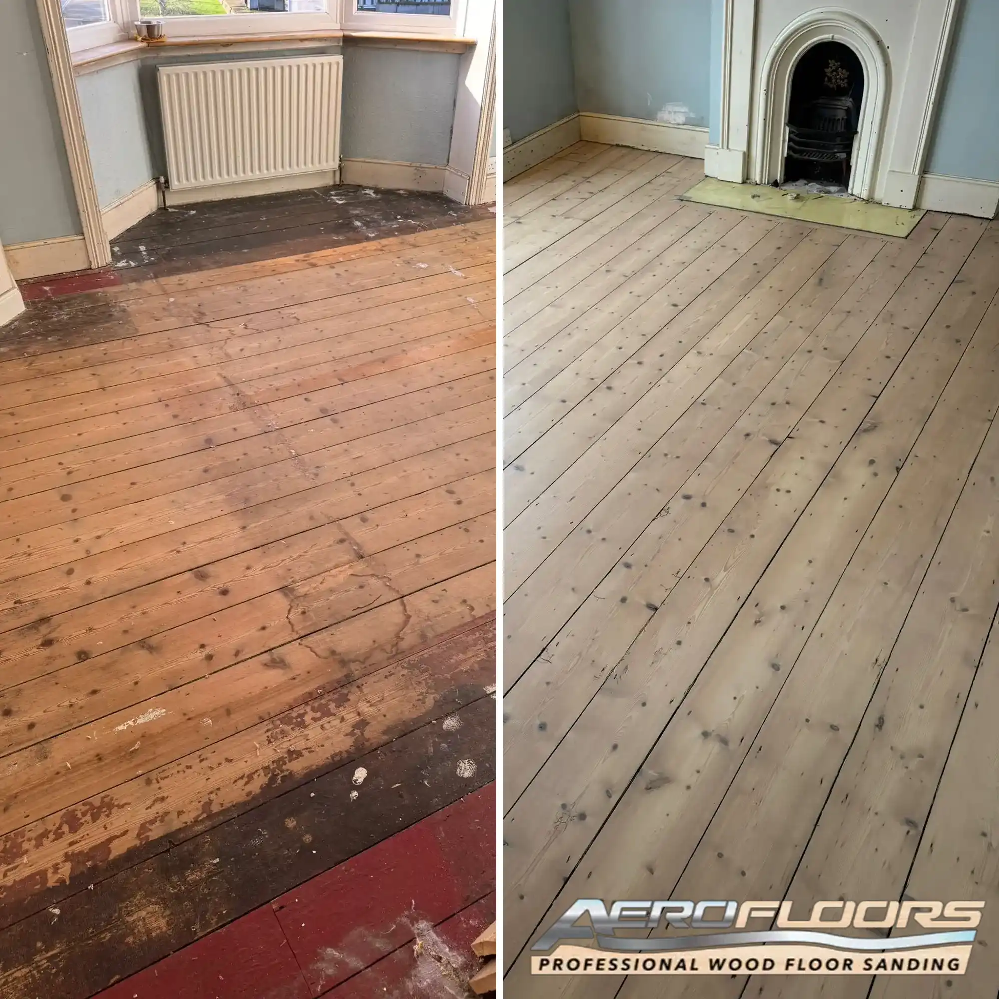 Wood flooring and fireplace before and after